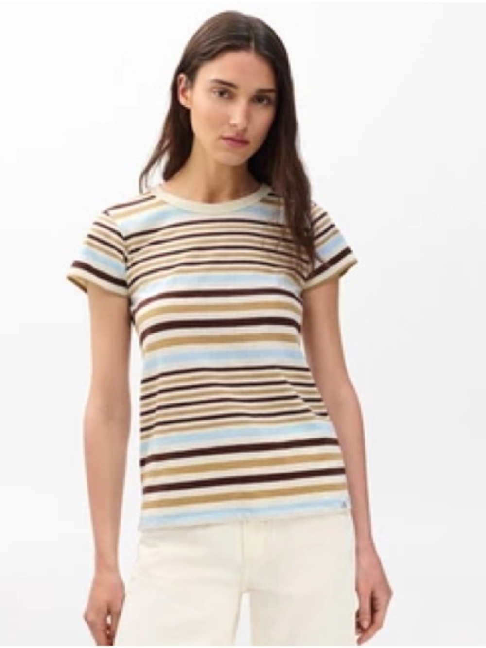 rag & bone Striped Short-Sleeve Tee in Light Blue, Brown, Cream, and White